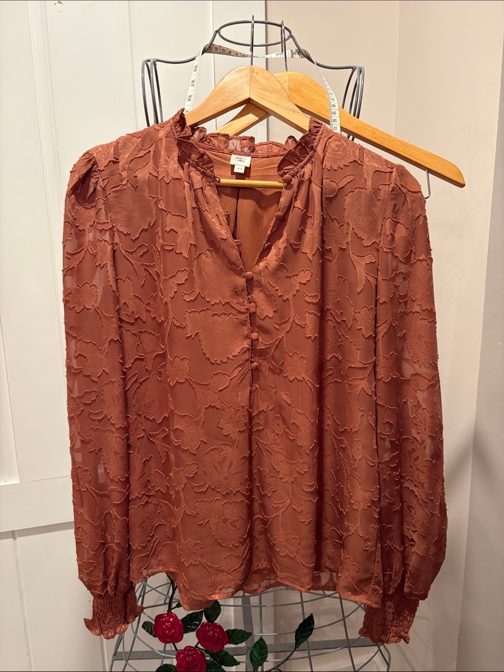 Women's Rust Textured Long-Sleeve Blouse